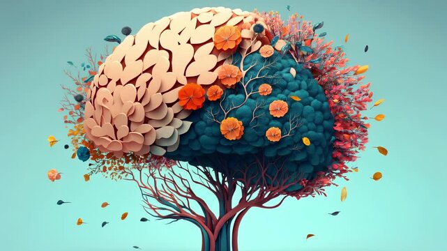 Human brain tree with flowers mental health, self care concept, positive thinking, creative mind, ADHD, schizophrenia, depression, Anxiety, panic attacks, Voices in my head, Neurodiversity