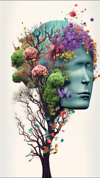 Human brain tree with flowers mental health, self care concept, positive thinking, creative mind, ADHD, schizophrenia, depression, Anxiety, panic attacks, Voices in my head, Neurodiversity