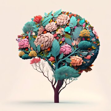 Human brain tree with flowers mental health, self care concept, positive thinking, creative mind, ADHD, schizophrenia, depression, Anxiety, panic attacks, Voices in my head, Neurodiversity