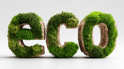 Napis "eco" wykonany z liter częściowo pokrytych zielonym mchem, a częściowo strukturą przypominającą korę drzewa lub jutę. Symbolizuje naturę i ekologię.