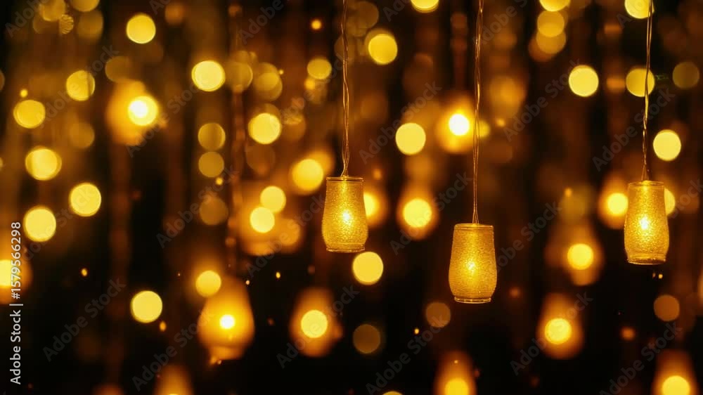Poster a room with a lot of lights hanging from the ceiling. the lights are arranged in a way that they cre