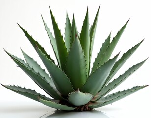 Fototapeta premium Isolated agave plant features sharp thorns and green foliage on a clean white background. This succulent plant, native to arid regions, is perfect for desert garden themes and botanical studies.