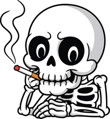 Obraz premium Cartoon Skeleton Smoking Cigarette Vector Illustration for Halloween and Warning Designs