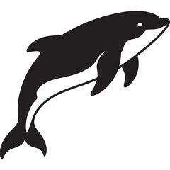 Fototapeta premium A black silhouette of a dolphin leaping with a white eye on a white background in a simple design on transparent background