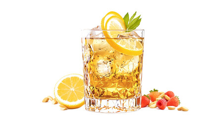 Godfather cocktail with lemon twist garnish transparent PNG isolated background. Mixology, bar menu, colorful vibrant refreshing drink in old fashioned glass cut out