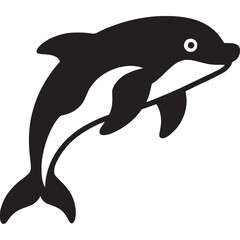 A stylized black and white dolphin with a single eye on a gray background jumping upwards in the air on transparent background