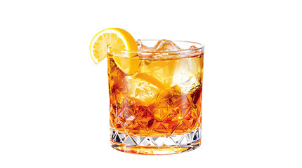 Godfather cocktail with lemon twist garnish transparent PNG isolated background. Mixology, bar menu, colorful vibrant refreshing drink in old fashioned glass cut out
