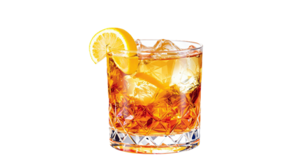 Godfather cocktail with lemon twist garnish transparent PNG isolated background. Mixology, bar menu, colorful vibrant refreshing drink in old fashioned glass cut out