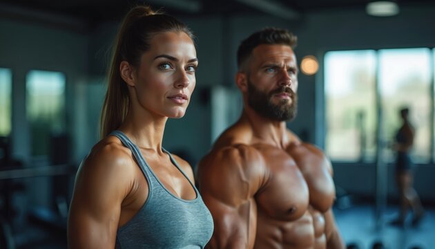 Fit couple in gym. Woman with ponytail, man with beard looking focused. Personal trainer guides client for fitness journey, strength training goals. Health, wellness, dedication, motivation themes. - Powered by Adobe