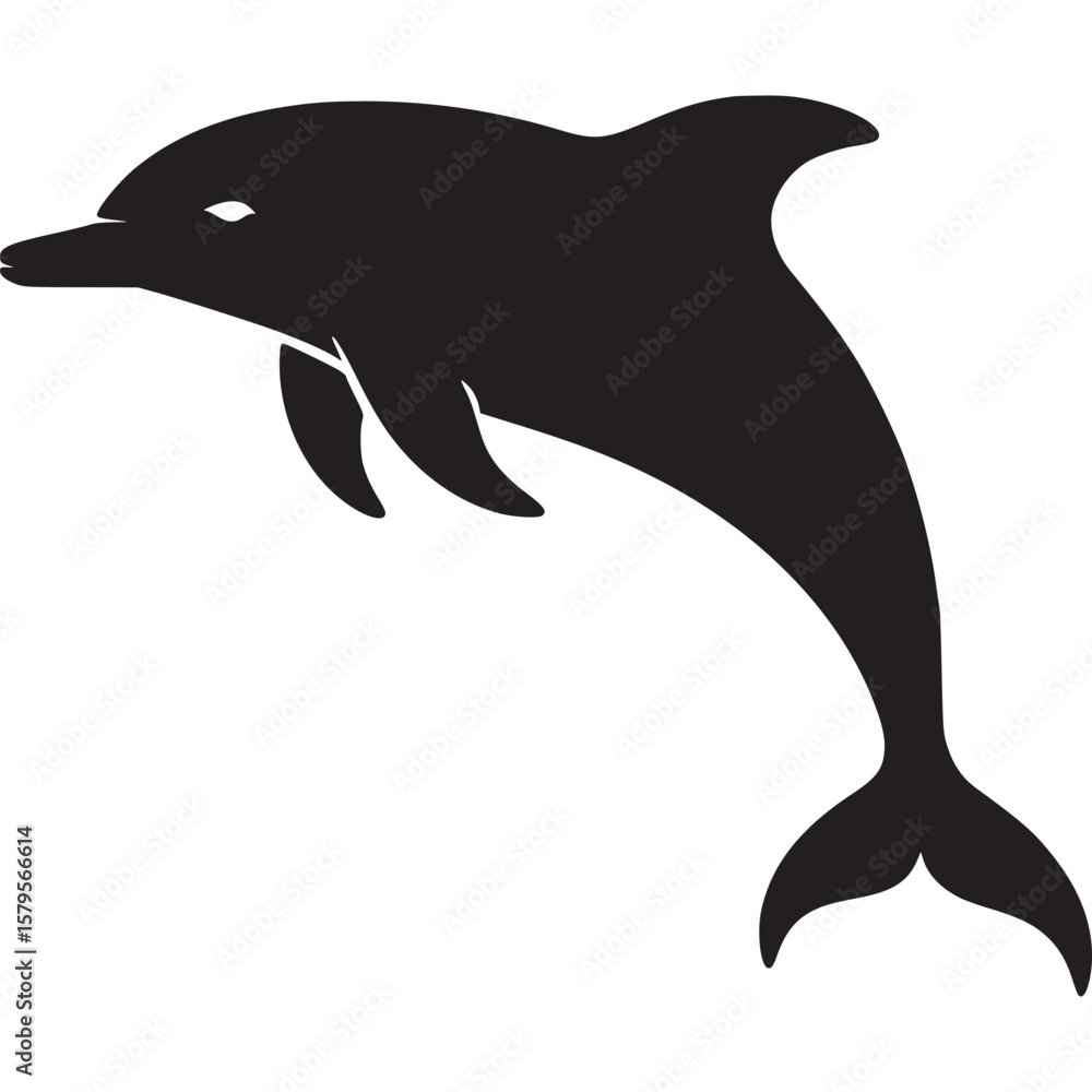 Poster a black silhouette of a dolphin jumping with a white background in a simple graphic design style on 