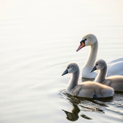 Obraz premium Adult swan swimming with two cygnets on calm water surface 