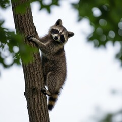 Fototapeta premium Raccoon climbing a tree with a curious expression in a natural setting 