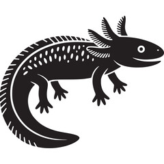Black and white graphic illustration of a stylized axolotl with gills and spotted pattern on its body on transparent background