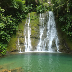 Beautiful waterfall cascading into a clear turquoise pool surrounded by lush green tropical forest scene