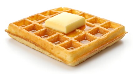 Golden Belgian Waffle Topped with Butter and Syrup on White Background

