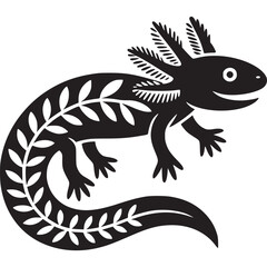 A black and white illustration of an axolotl with leaf pattern on its body and feathery gills on transparent background