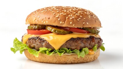 Cheeseburger with Lettuce Tomato Pickles and Sesame Seed Bun on White Background


