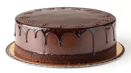 Chocolate Cake with Glossy Icing and Decorative Edges on White Background


