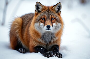 Obraz premium Red fox Pekania pennanti rests on white snow, looking directly at camera. Mammal dense fur, sharp features visible. Scene highlights wildlife in natural winter habitat, emphasizing conservation,