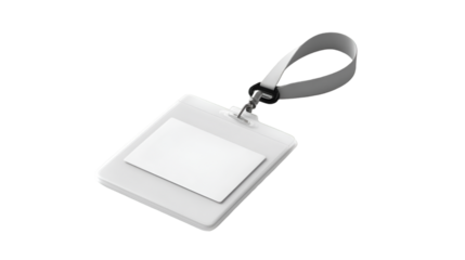 A white badge with a lanyard and a card on top isolated against a black background in a studio shot