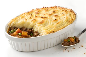 Hearty Shepherd’s Pie in White Dish with Golden Mashed Potato Topping and Savory Filling

