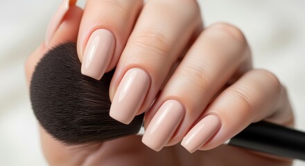 A close-up of a hand with perfectly manicured nude nails holding a soft makeup brush.