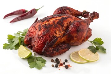 Succulent Roasted Chicken with Cilantro Garnish, Lime Slices, and Red Chilies

