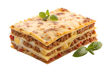 Mouthwatering Layered Beef Lasagna with Cheese and Basil on White Background

