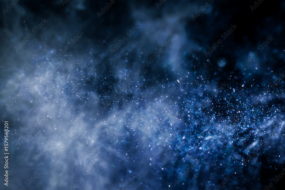 Poster ethereal abstract background with floating blue and white particles in a dark cosmic mist dreamy fog