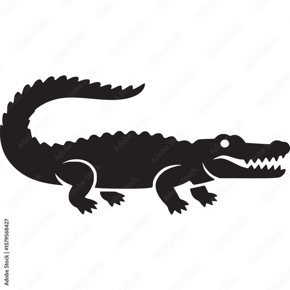 Poster a simple black silhouette of an alligator with its mouth open on a plain light gray background on tr