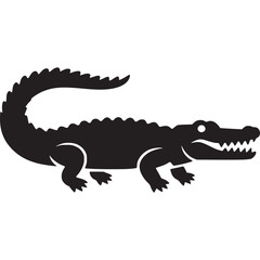 A simple black silhouette of an alligator with its mouth open on a plain light gray background on transparent background