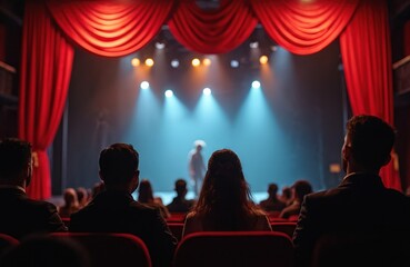 Audience sits in dark theater watching performance on stage. Red curtains frame spotlighted actor. Culture and art event draws many viewers to drama show.