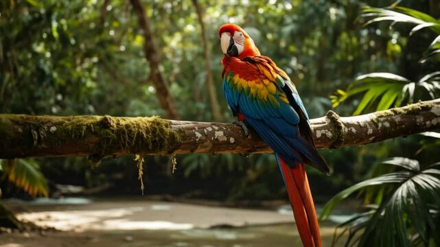 A colorful parrot perches on a branch in a lush green forest