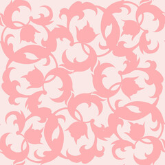A repeating pattern of elegant, swirling floral and leaf motifs in various shades of pink on a soft pink background. Features delicate textures and classic forms.