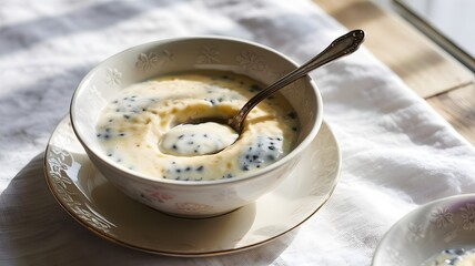 Tapioca Pudding - Creamy Traditional Dessert with Vanilla and Black Sesame Seeds