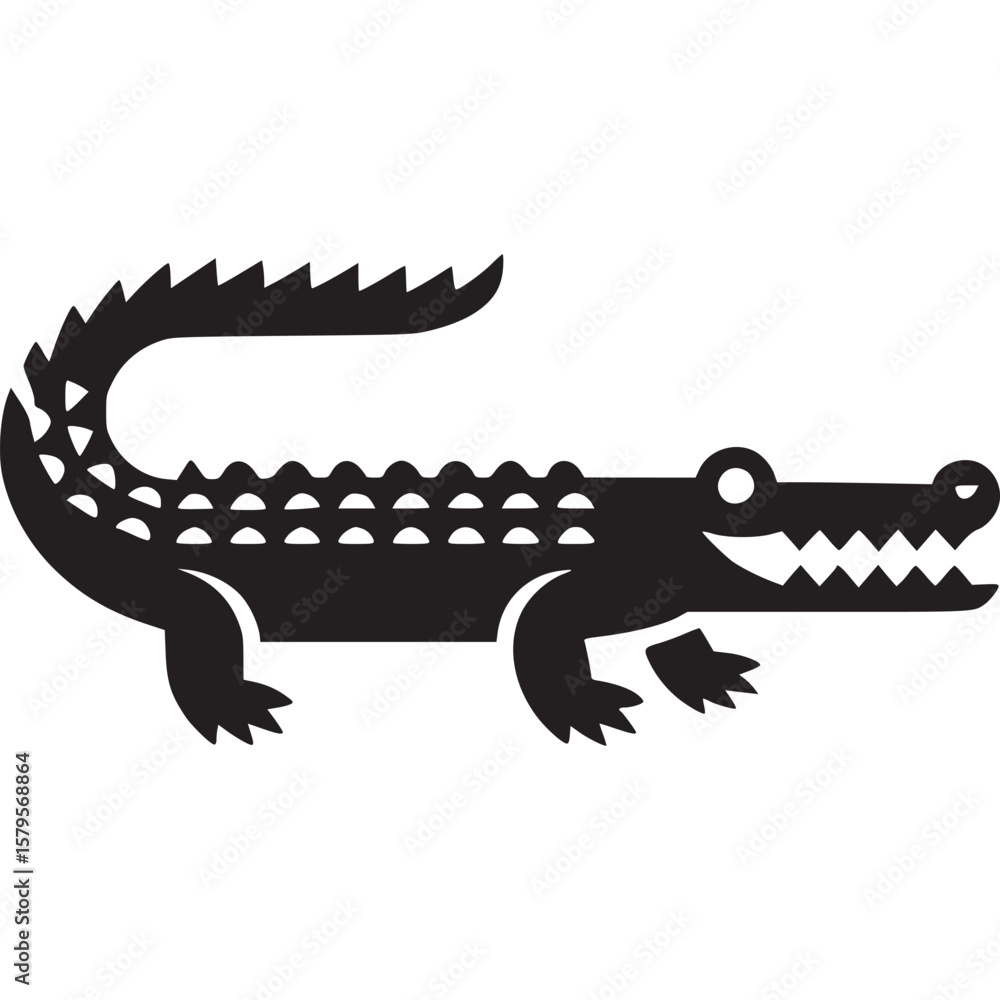 Poster a stylized black alligator with a toothy grin and a textured back standing on a white background on 