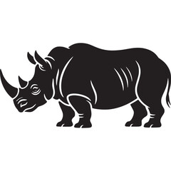 Silhouette illustration of a rhinoceros standing on a white background showcasing its horn and skin folds on transparent background