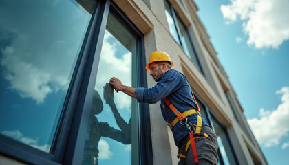 Construction worker installs large glass windows on modern building exterior. Focused man in hard hat, safety harness carefully fits panel into metal frame. Skilled labor teamwork, architectural