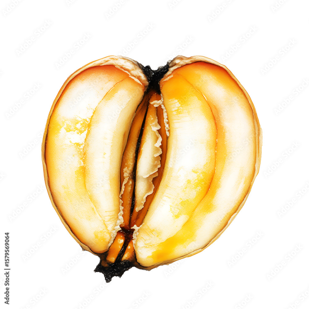 Poster a close up shot of a sliced open fruit revealing its inner texture and seed on transparent backgroun