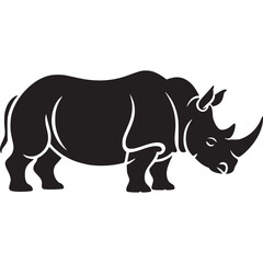 A black silhouette of a rhinoceros standing on a white background in a vector illustration on transparent background