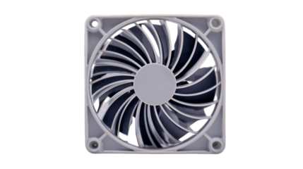 Close up view of a gray computer fan with curved blades and a square frame on a black background