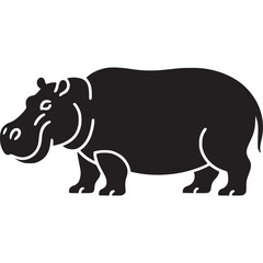 A minimalist black silhouette of a hippopotamus with white outline on a light background in profile view on transparent background