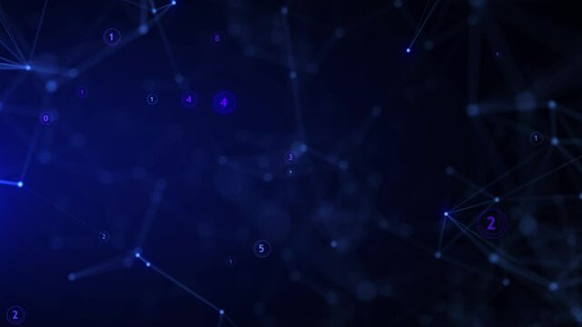 Abstract digital network featuring glowing blue and purple nodes connected by light lines, with floating numerical values. This high-tech background.