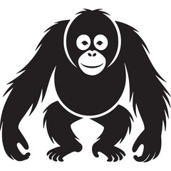A stylized illustration of an orangutan standing upright in black against a light gray background on transparent background