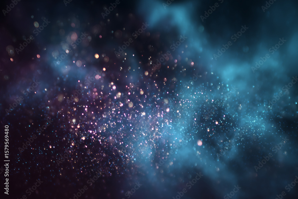 Poster cosmic abstract background with blue and violet glowing particles floating in deep dark space dreamy