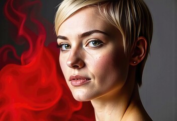 Stunning portrait of a female model with captivating green eyes and a chic blonde pixie cut. GreenEyed Blonde Model Portrait with Red Abstract Background