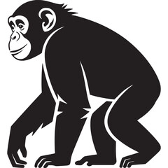 A stylized black and white illustration of a chimpanzee standing on all fours with a white background on transparent background
