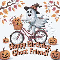 Cartoon ghost wearing witch hat riding bicycle with pumpkins and autumn leaves halloween