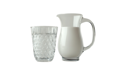 A refreshing and pure glass and a clear pitcher filled with cool creamy milk promising simple on transparent background
