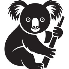 Stylized black and white koala bear holding a bamboo stick with fluffy ears and a smiling face icon on transparent background © SurrealSee